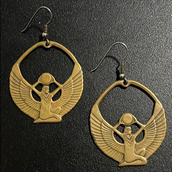 Vintage Art Deco Gold Brass Egyptian Goddess Eye Of Isis Deity Earrings - Picture 9 of 13